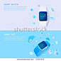 set of 3d illustration concept for smart watch and smart life surrounded by 3d and thin-line icon,isolated on bright grey and bright blue.