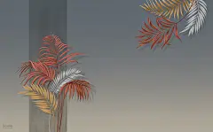 现代 叶子 黄色 红色 刺绣 手绘 白色  植物  室内软装装修设计 壁画 墙布 壁纸 墙画 电视床头客厅背景墙 卧室 别墅 酒店