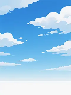 一幅宁静开阔的天空背景图，采用扁平化数字艺术风格，画面以纯净透亮的浅蓝色为主色调，天空中点缀着形态蓬松、边缘柔和的白色云朵，云朵分布自然且富有层次感，从上至下呈现出由深蓝向浅蓝再到白色的渐变过渡，底部为干净的纯白色区域，整体光影柔和均匀，营造出明朗、清新、开阔的氛围，色调和谐统一，画面简洁而富有空间感。