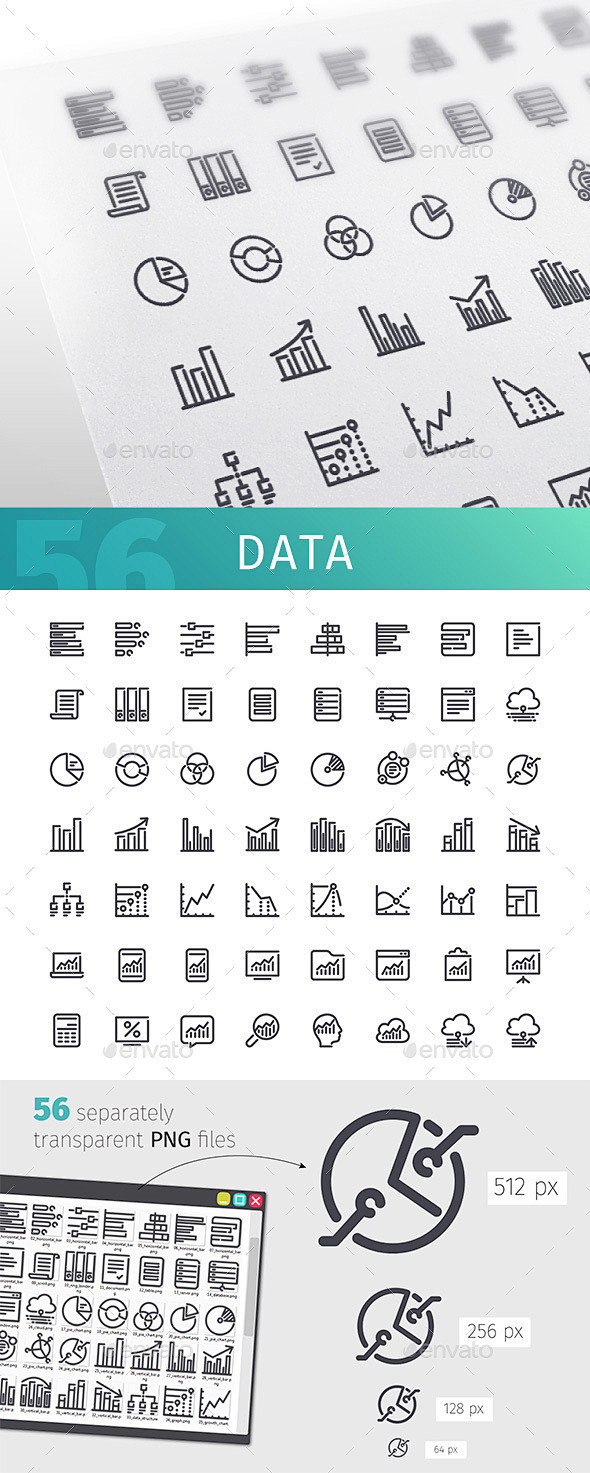 数据行图标设置——业务图标Data Line Icons Set - Business Icons分析,分析、酒吧、商务、计算器、图表,圆,云 ...