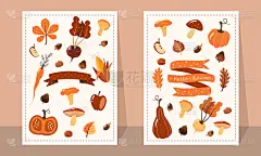 秋收蔬菜、水果、坚果和蘑菇。两张新鲜农产品海报。矢量插图卡通风格