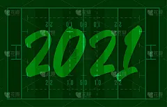 美式足球场上的2021年新年快乐贺卡。创造性的橄榄球场背景为圣诞节和新年庆祝。运动贺卡