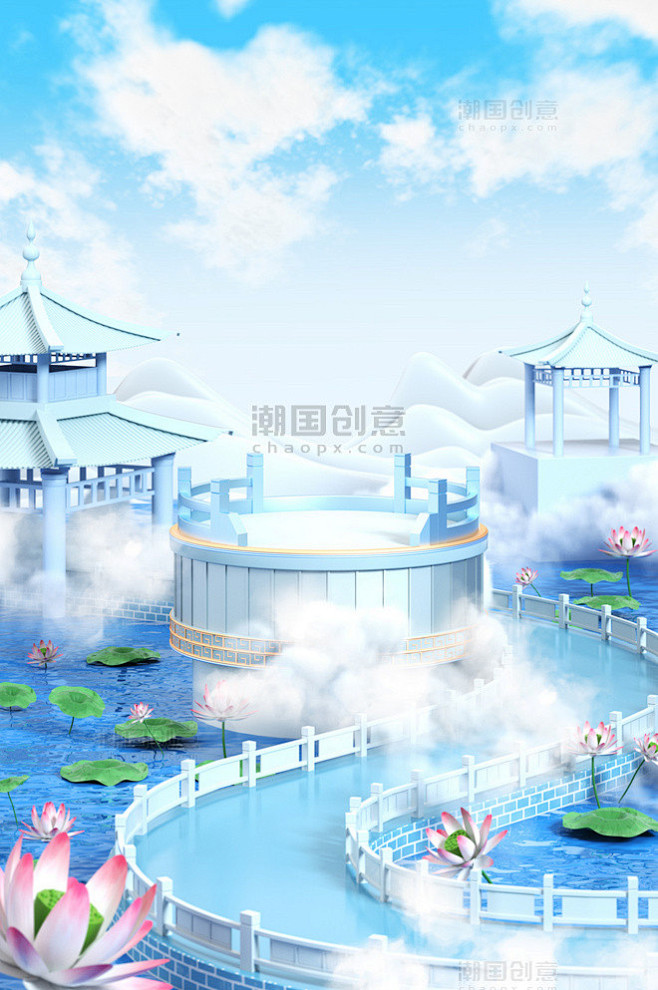 3D夏季夏天夏日清新水面荷花场景图片_潮...