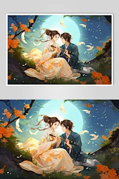 AI数字艺术国风汉服情侣七夕牛郎织女插画
