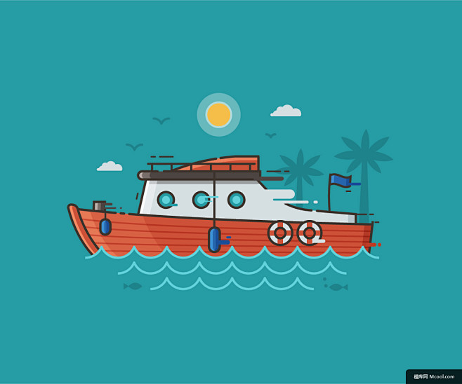 夏日海滨主题卡片矢量格式轮船游艇交通工具插画绘画