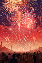 黑夜绚丽新年元旦烟花盛典人群插画