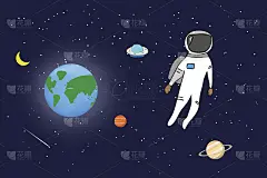 宇航员在太空与地球月球土星的背景