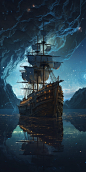 a pirate ship on the ocean at the edge of the universe. with waterfalls flowing off the sides, hyperdetailed, levels, symmetry and peace. sky full of stars and constellations. reflections in the water. magical fantasy, surreal, style of Jordon grimmer, Ge