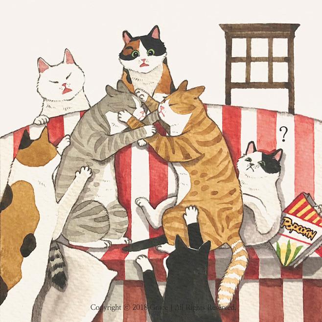 Grace J可爱猫咪拟人水彩插画素材参...