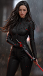 the new image of shinobi ninja, in the style of dark silver and red, realistic renderings of the human form, womancore, eve ventrue, meticulous detailing, distorted bodies, shiny/glossy