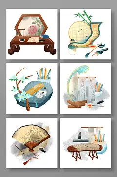 手绘古风琴棋书画物品PNG元素插画-众图网