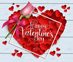 情人心矢量背景设计。情人节快乐文字心形框架和粉色玫瑰元素的情人节装饰设计。