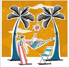 创意卡通插画冲浪沙滩排球度假放风筝美发远行旅游插画矢量UI素材-淘宝网