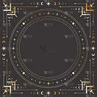 矢量神秘的天方金色框架与星星，月相，月牙，同心圆，箭头和复制空间。华丽闪亮神奇的线性几何边界与一个地