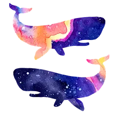 海洋 鲸鱼 PNG 水彩 星空 梦幻 唯美 小清新 手绘 水彩 手帐 插画 蓝鲸 炫彩 背景 免抠图PNG素材，更多素材尽在【点技能】