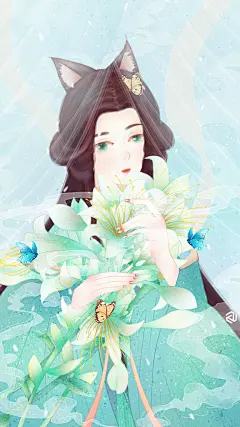 手绘高级感创意少女蓝古风人物插画