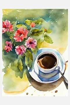 AI数字艺术咖啡水彩插画-众图网