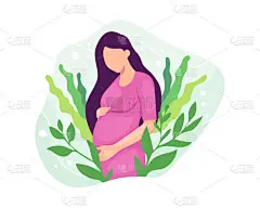 病媒说明美丽的怀孕与花卉。可爱的年轻孕妇用爱心抱着她的肚子怀孕的女人在花丛中等待着孩子。用扁平的方式