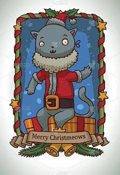 圣诞贺卡，穿着圣诞老人服装的蓝猫