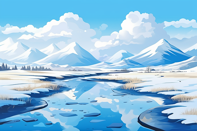 西藏风光雪山手绘插画