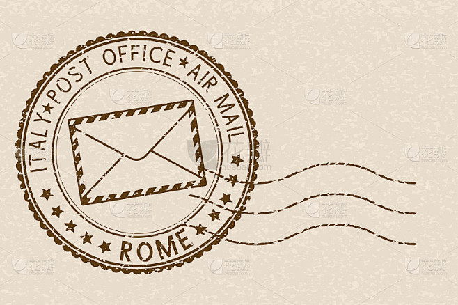 邮票，圆棕色邮戳，信封图标。罗马,意大利