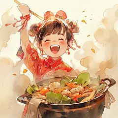 水彩画中国传统少女吃火锅，一个唐代的奇幻海报