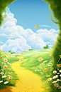 a yellow road road with trees and flowers in a grassy field, in the style of digital airbrushing, light emerald and white, he jiaying, cute cartoonish designs, photographic montage, windows xp, childlike innocence