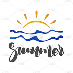 矢量插图:手绘字母组成的夏天与涂鸦的太阳和海洋。手写书法设计