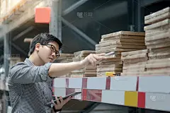 年轻的亚洲工人正在用数码板和笔清点仓库货架上的纸箱里的产品。实物盘点概念