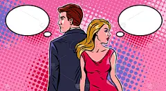 男人和女人看向不同的方向。