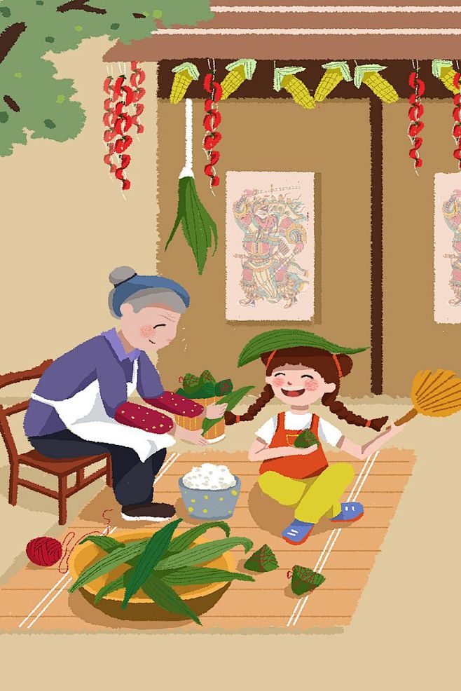 端午节包粽子老奶奶女孩小清新插画