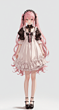 00062-179201276-1girl, solo, long Pink hair, White skirt,monochrome, dress, very long hair, bow, full body, bangs, shoes, white background, two