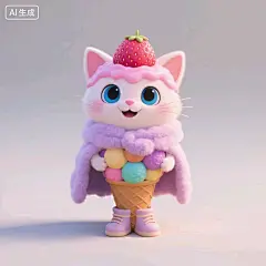 表情包九宫格，按照头顶水果不一样的风格，头顶不同水果的冰激凌的猫，纯白色背景。原比例