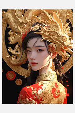 数字艺术手绘国风插画黄金女战士龙女战士-众图网