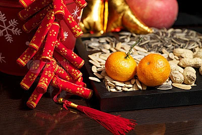 Lunar New Year decorations and food