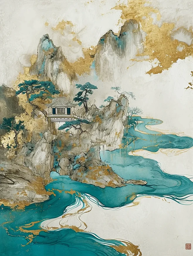 鎏金山水画海报-花瓣网