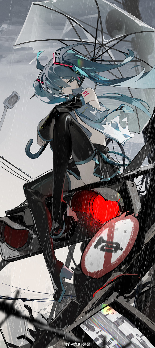 初音未来超话 下雨 伞 构图 红绿灯