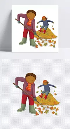  清扫落叶的人|清扫,清洁工,落叶,玩耍,小孩,场景元素,插画,彩色,场景元素,设计元素