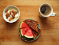 coconut dessert tofu with almonds, watermelon, whole wheat cranberry muesli toast with margarine, and coffee