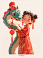 喜庆蛇年插画抱着蛇的小女孩2025蛇年IP - 小红书