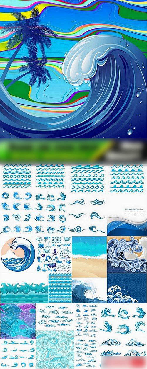 海浪波纹海洋和波浪矢量图背景图平面设计2...