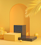 Empty mockup step black marble podium with yellow concept and palm leaf Premium Photo