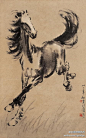 徐悲鸿《奔马》--- 画中马匹四肢腾空，微微回首，马鬃在风中飞扬，马尾在风中飘散，将奔马斗志昂扬的神态表达的淋漓精致。徐悲鸿用以圆浑有力的线条勾勒马的外形，再以重墨突出刻画头部、四肢、肩、胸、足等传神之处，造型精卓，用笔洗练，体积感、质量感、空间感都意到笔随地显现在墨色之中。