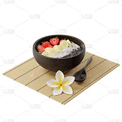 3D碗草莓奶昔，草莓，香蕉，椰子和奇异籽