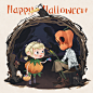 Halloween : the little girl share candy with a  pumpkin man