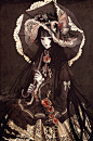bangs belialchan black_hair blunt_bangs brown dated expressionless hat ichihara_yuuko lace lolita_fashion long_hair pale_skin parasol red_eyes sepia signature solo umbrella watermark web_address wide_sleeves xxxholic