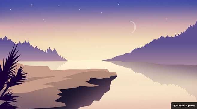 潮流扁平化风景植物山脉山水装饰画湖山远景卡通渐变插画028模板平面