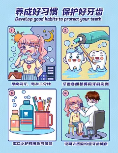 牙齿四宫格插画保护牙齿爱牙日海报