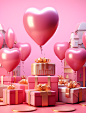 presents, balloons, and hearts sitting in a pink background, in the style of photorealistic compositions, graphic design poster art, sculpted, pink and gold, bright color blocks, daz3d, richly layered