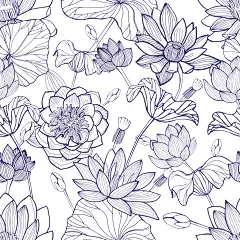 中国风传统荷花牡丹线描白描无缝背景纹理包装底纹素材 (9)